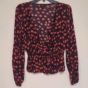 Express, M, Black and Coral Floral Low Cut Crop Top